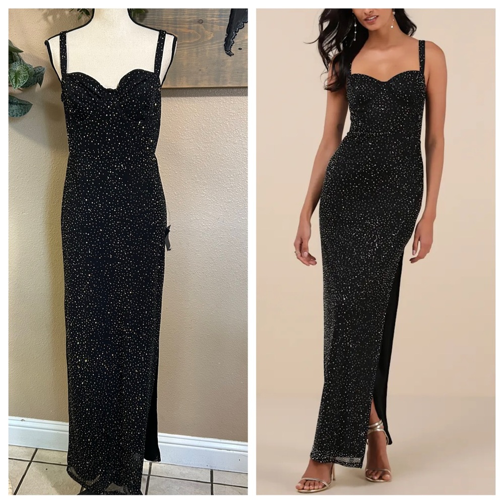 NWT Lulus A-Lister Black Rhinestone Bustier Maxi Dress